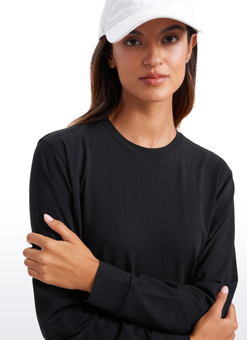 Pima Cotton Long Sleeve Loose Shirts Crew Neck