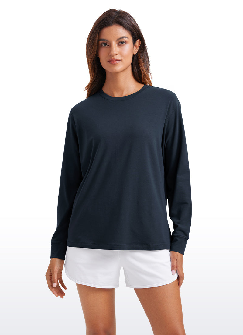 Pima Cotton Long Sleeve Loose Shirts Crew Neck